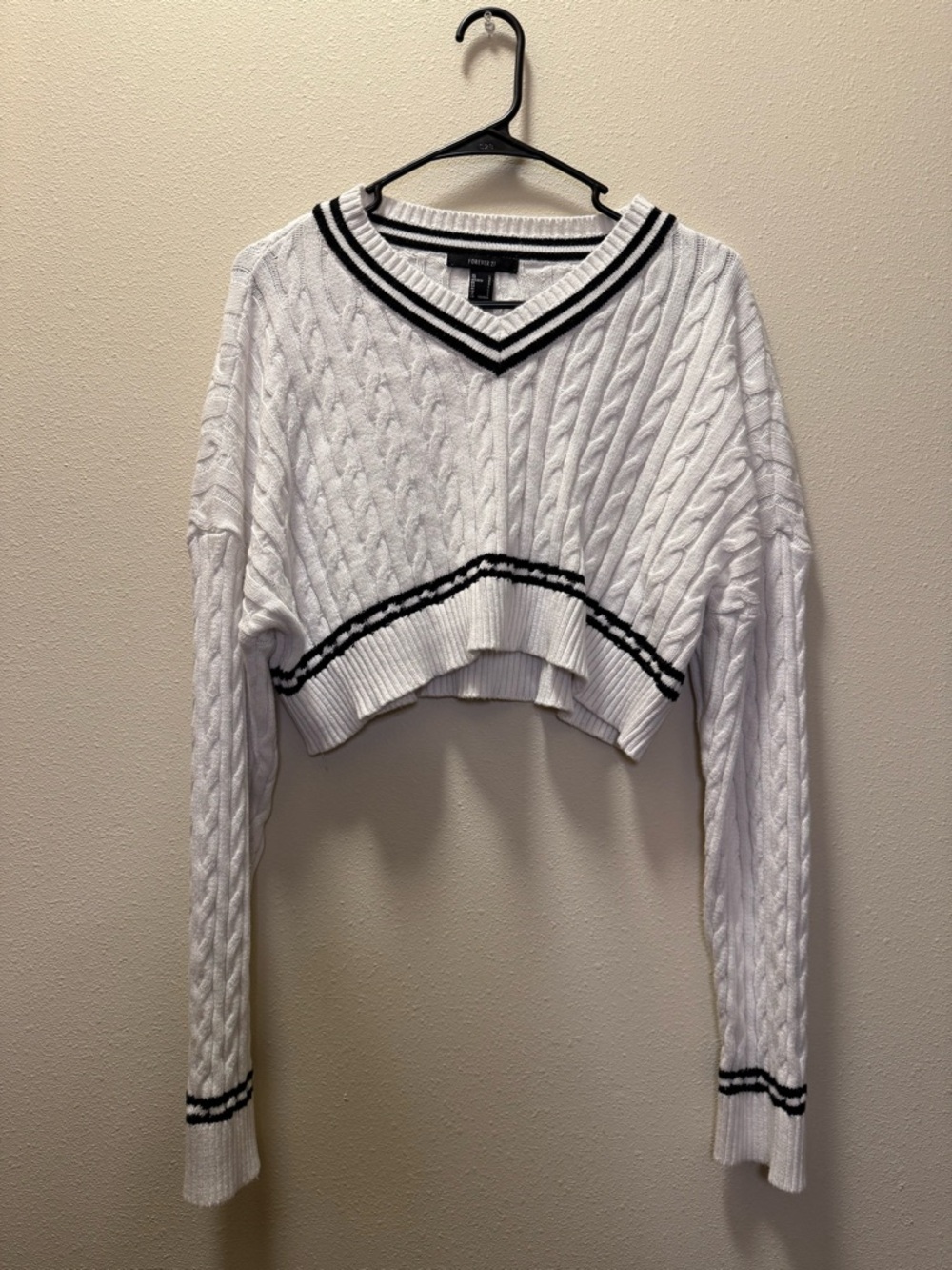 Forever 21 White Cable Knit V-Neck Sweater with Black Stripe Trim